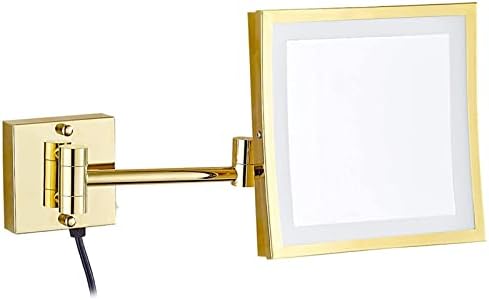 Wall-Mounted LED Magnifying Mirror Gold Finish 8-Inch 360-Degree Rotation