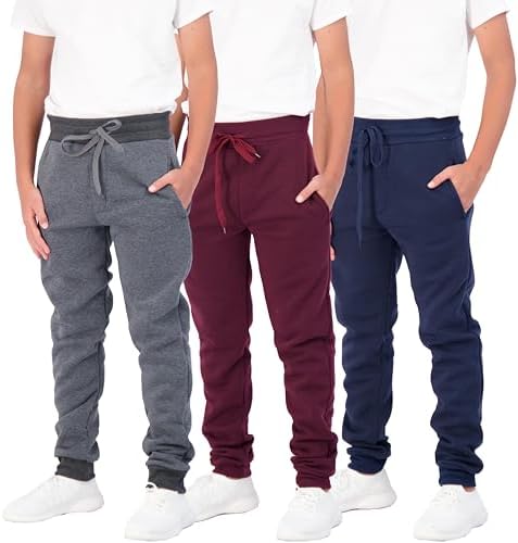 Real Essentials 3 Pack Boys Cotton Fleece Joggers Sweatpants