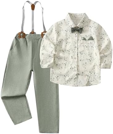 Little Boy Suit Dress Shirt with Bow Tie and Suspenders