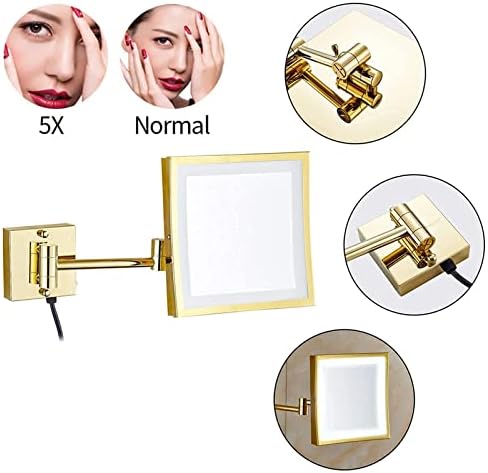 Wall-Mounted LED Magnifying Mirror Gold Finish 8-Inch 360-Degree Rotation