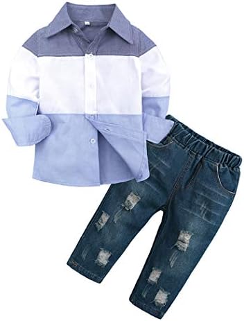 3Pcs Boy Handsome Outfit Set Plaid Shirt T-Shirt Suspender Jean Set