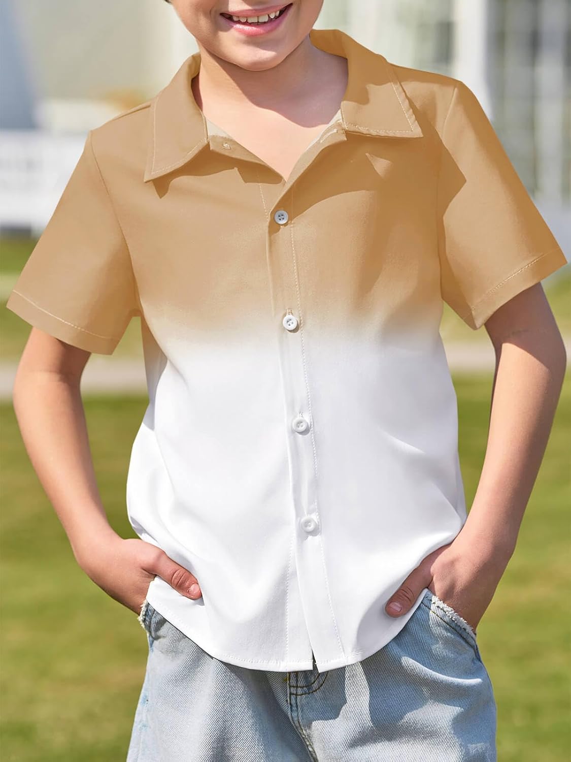 Haloumoning Boys Short Sleeve Gradient Button Down Shirts 5-14Y
