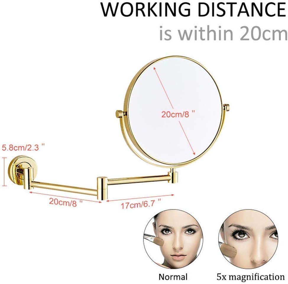 Wall-Mounted 8-Inch Makeup Mirror - Extendable Brass with Gold Finish