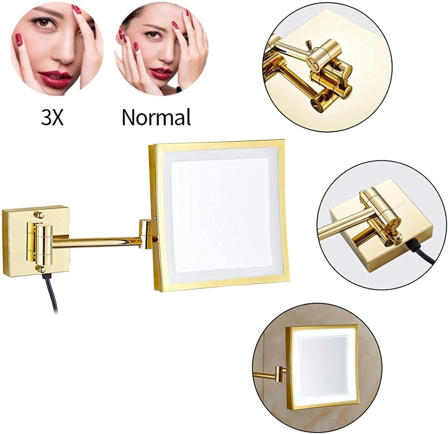 8inch Brass LED Magnifying Mirror 360 Rotating with Plug Gold