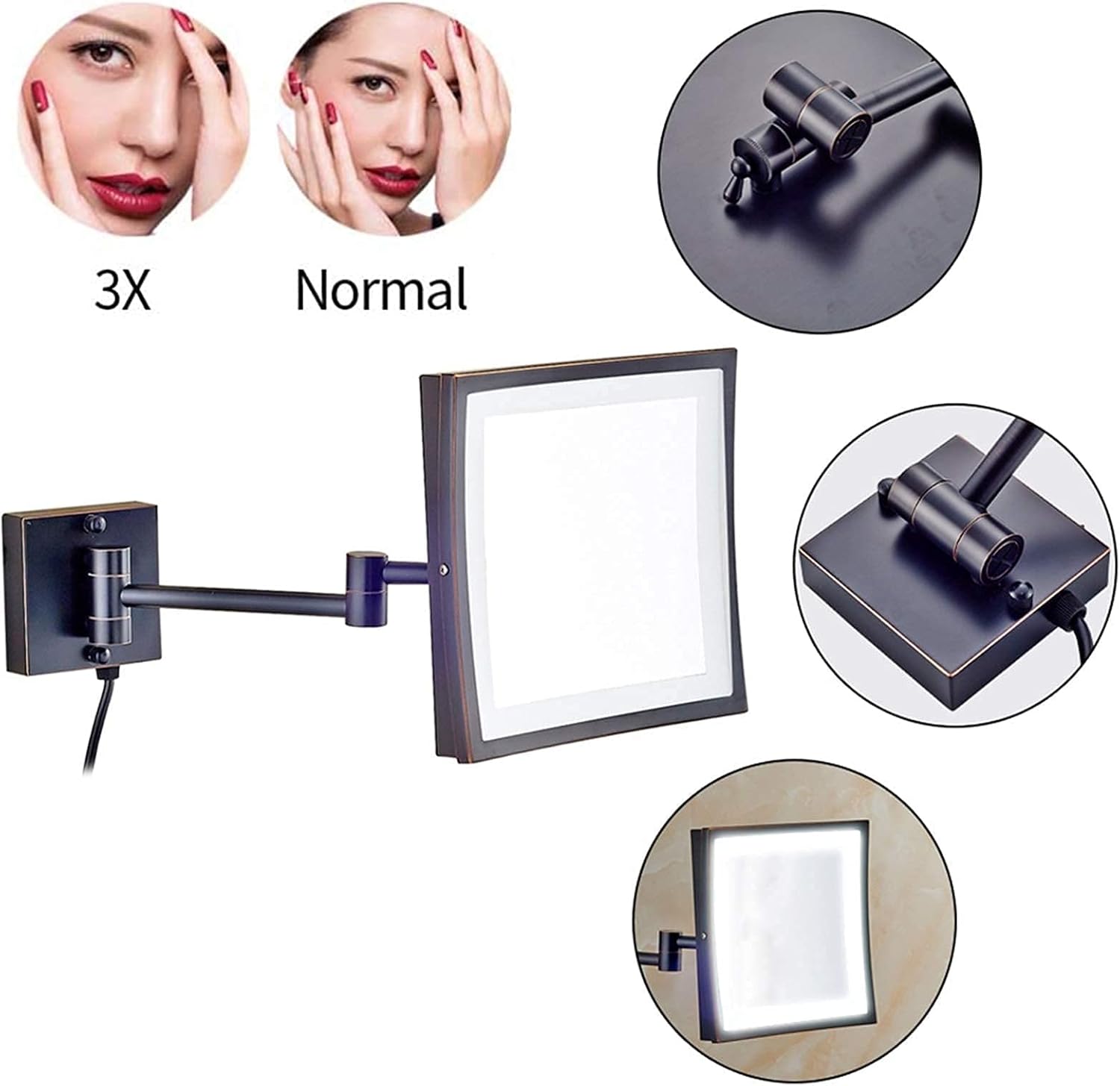 8-inch Brass LED Makeup Mirror with Extendable Arm