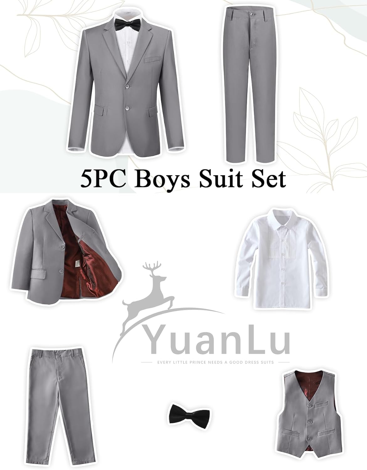 YuanLu Boys Suit Formal Wedding Ring Bearer Outfit 5 Piece Slim Fit