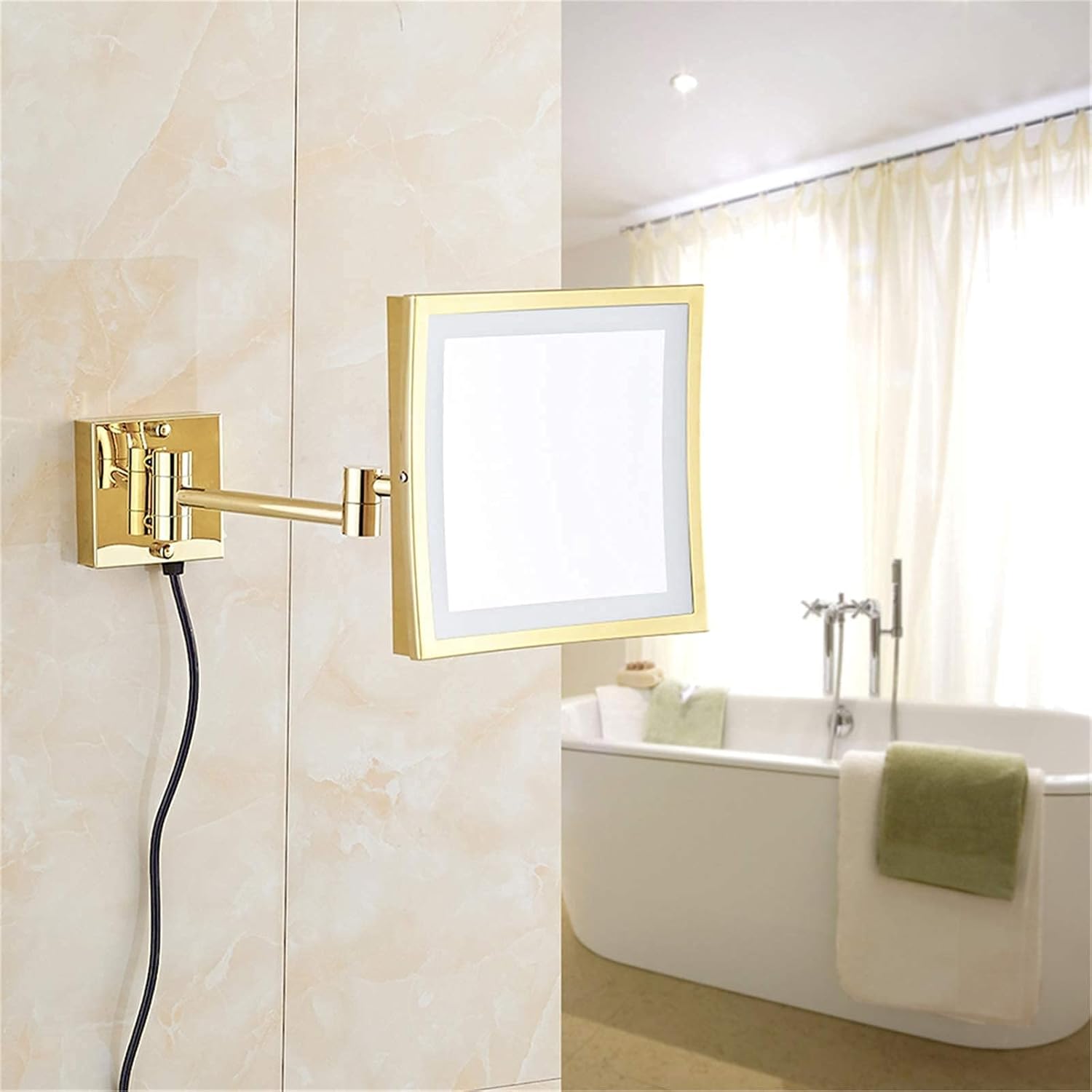 Wall-Mounted LED Magnifying Mirror Gold Finish 8-Inch 360-Degree Rotation