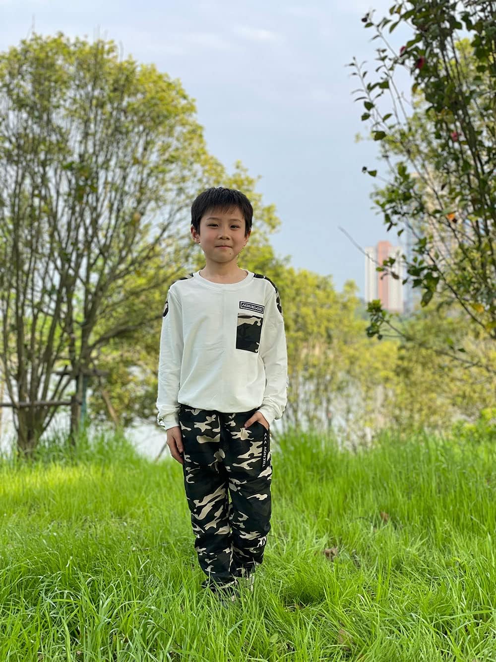 Lontakids Boys 2 Pieces Set Long Sleeve Top and Camouflage Pants
