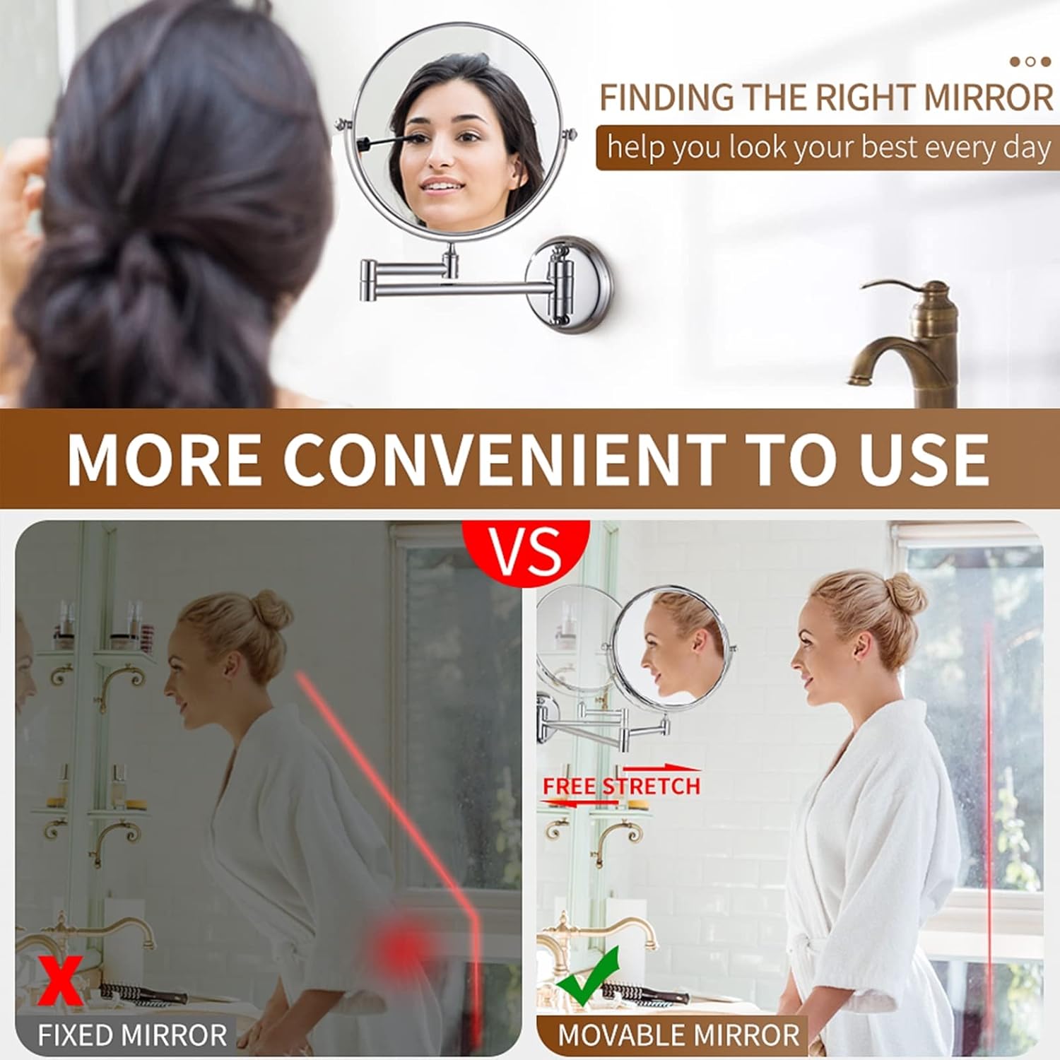 Double-Sided Makeup Mirror with Adjustable Wall Mount for Shaving Details