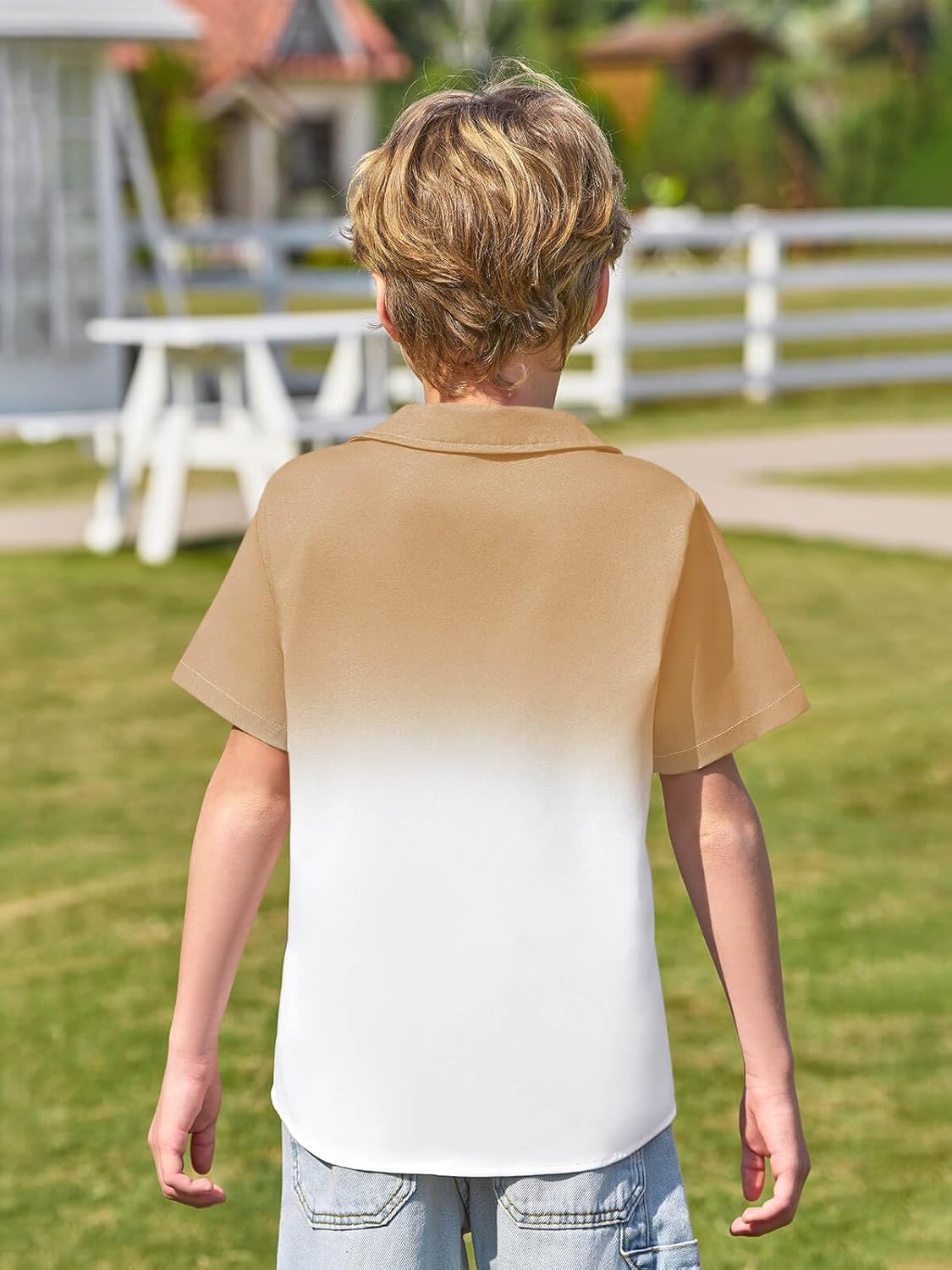 Haloumoning Boys Short Sleeve Gradient Button Down Shirts 5-14Y