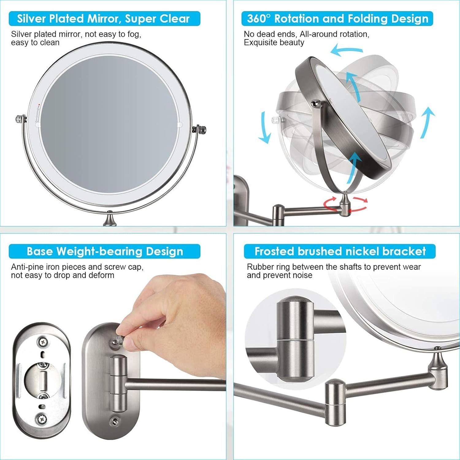 Wall-Mounted Shaving Mirror With 360 Swivel Foldable LED Light