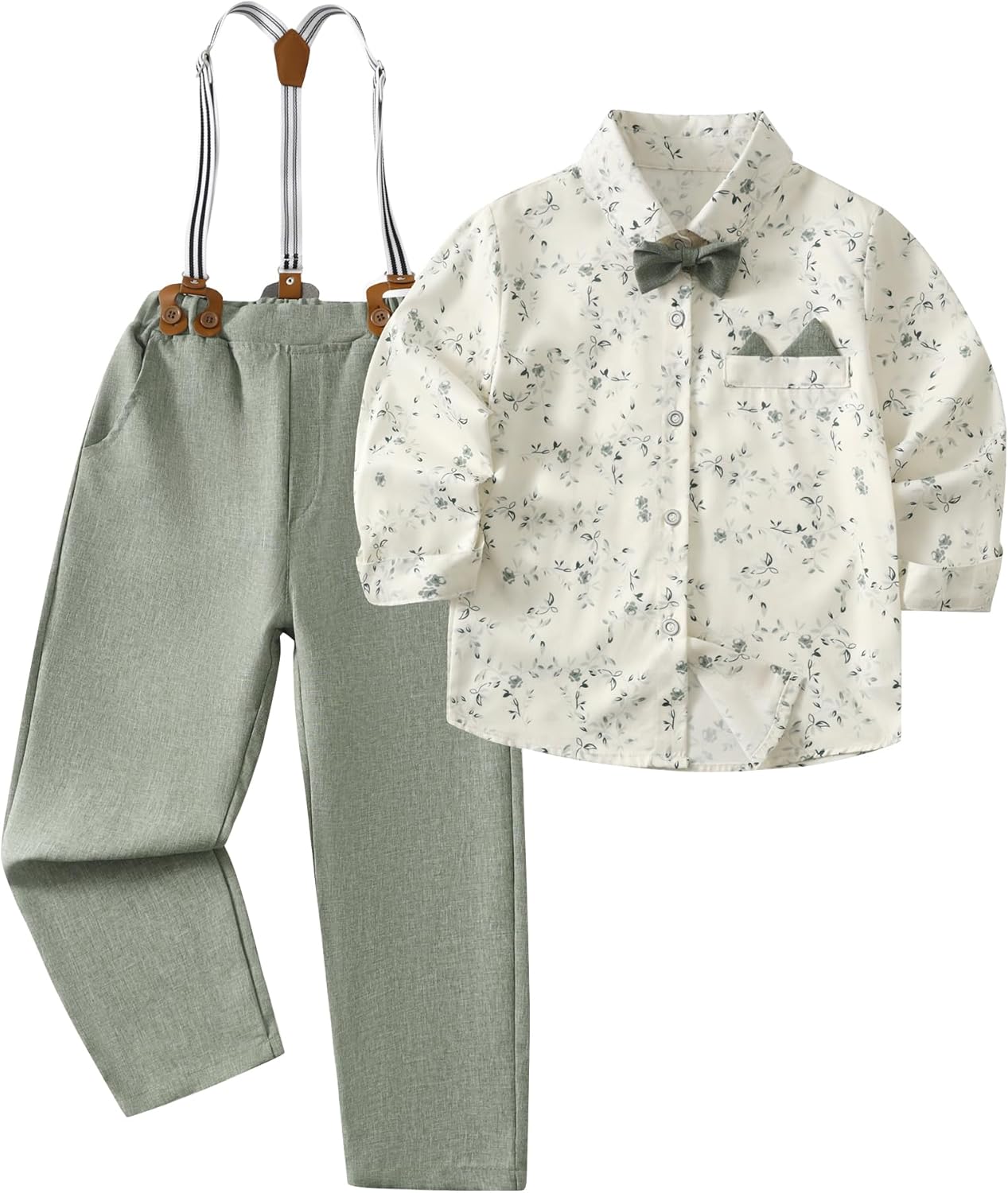 Little Boy Suit Dress Shirt with Bow Tie and Suspenders