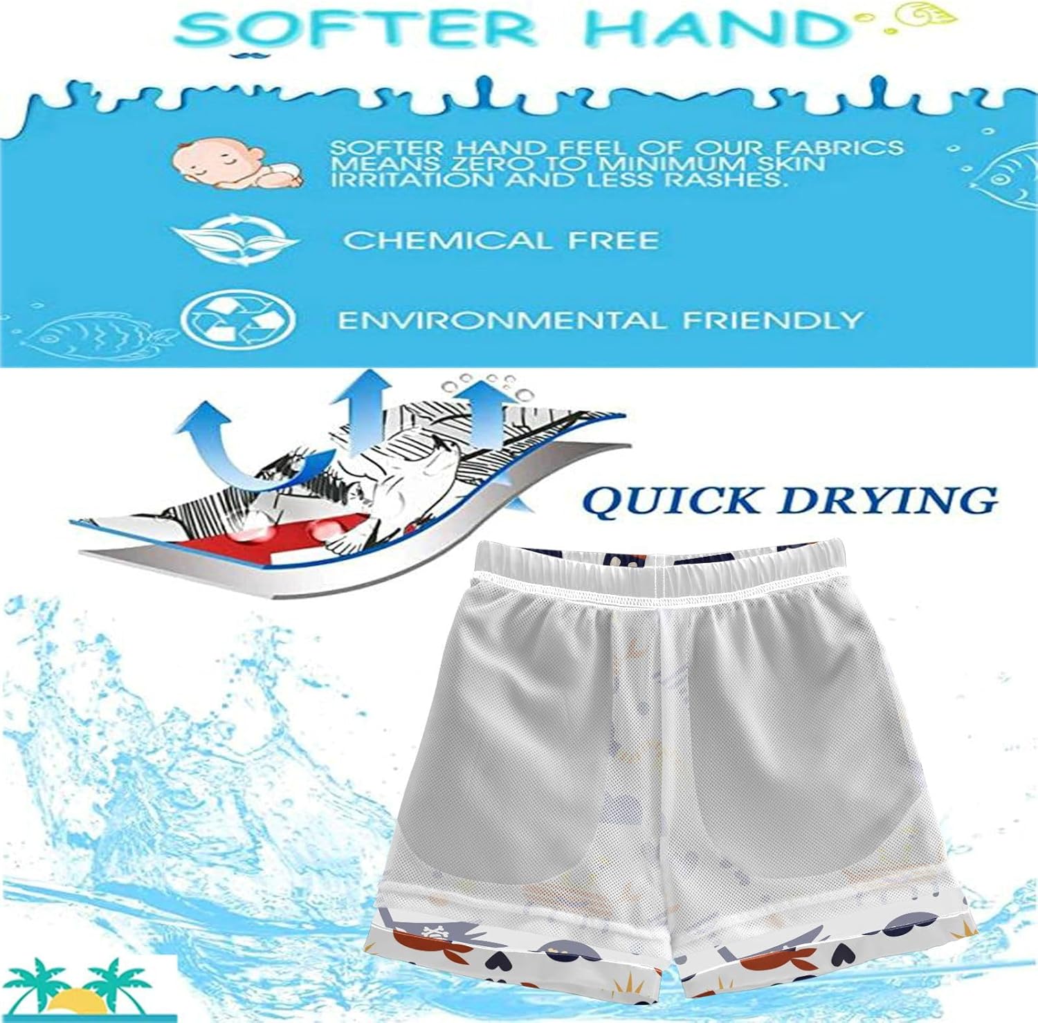 visesunny Summer Boys Beach Shorts with Pirate Crab Skull Flag Patterns