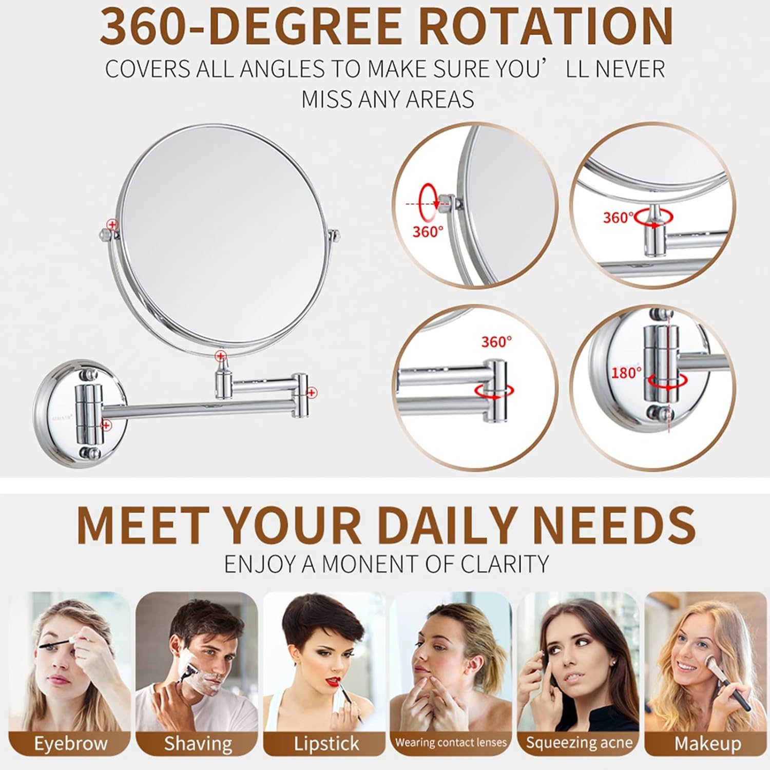 Double-Sided Makeup Mirror with Adjustable Wall Mount for Shaving Details