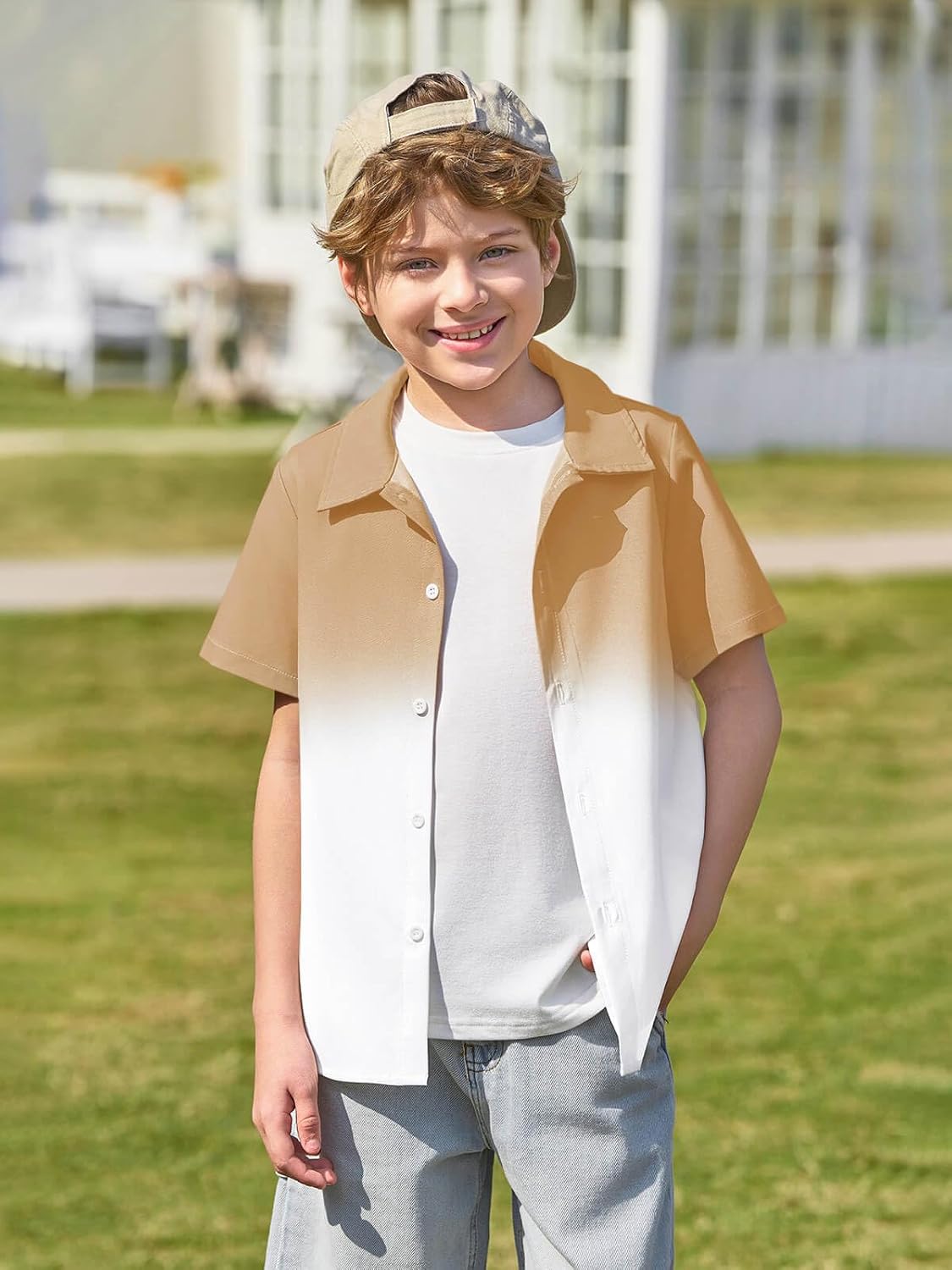 Haloumoning Boys Short Sleeve Gradient Button Down Shirts 5-14Y