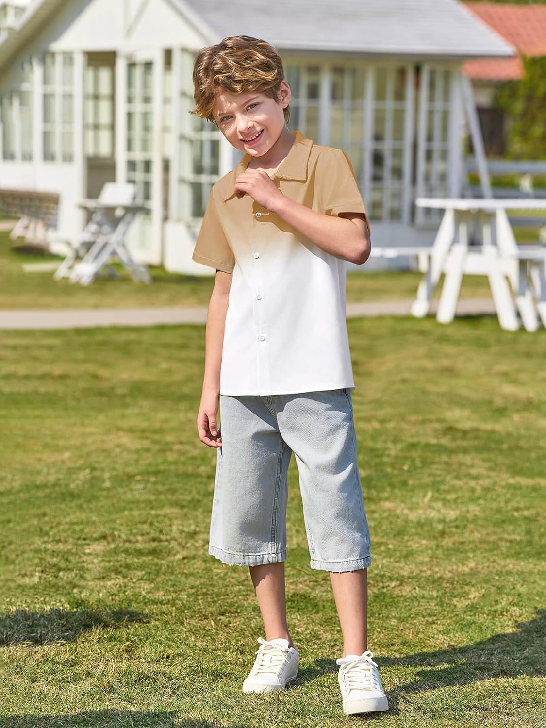 Haloumoning Boys Short Sleeve Gradient Button Down Shirts 5-14Y