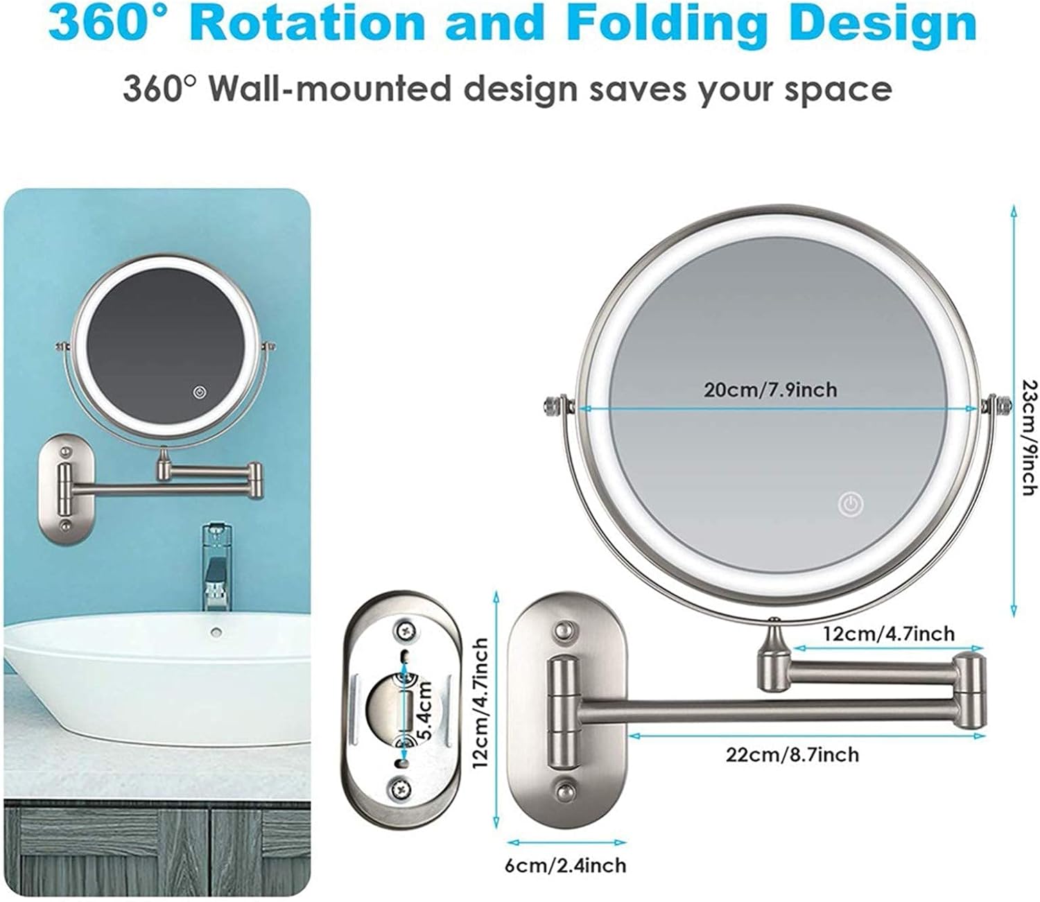 Wall-Mounted Shaving Mirror With 360 Swivel Foldable LED Light