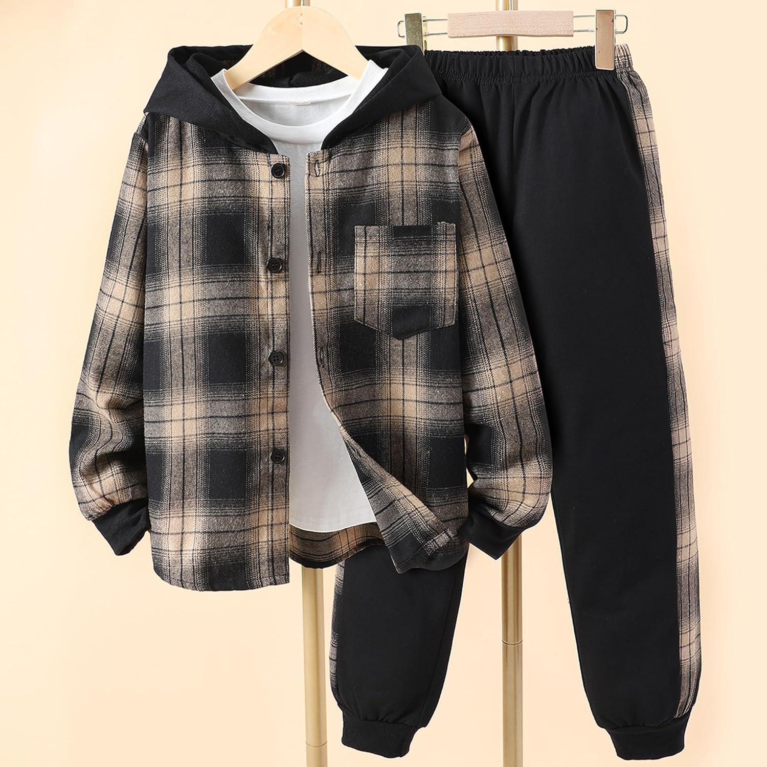 Ferwang boys 2-piece plaid front button down outfit