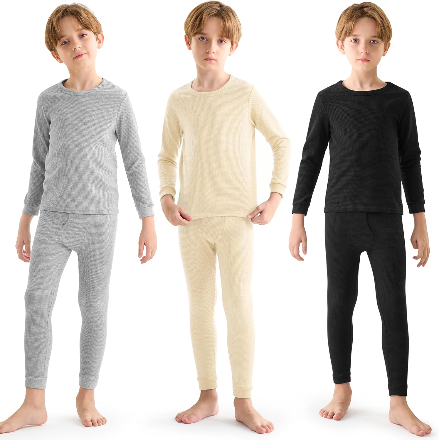 Resinta 3-Pack Boys Waffle Thermal Underwear Set Soft Warm for Winter
