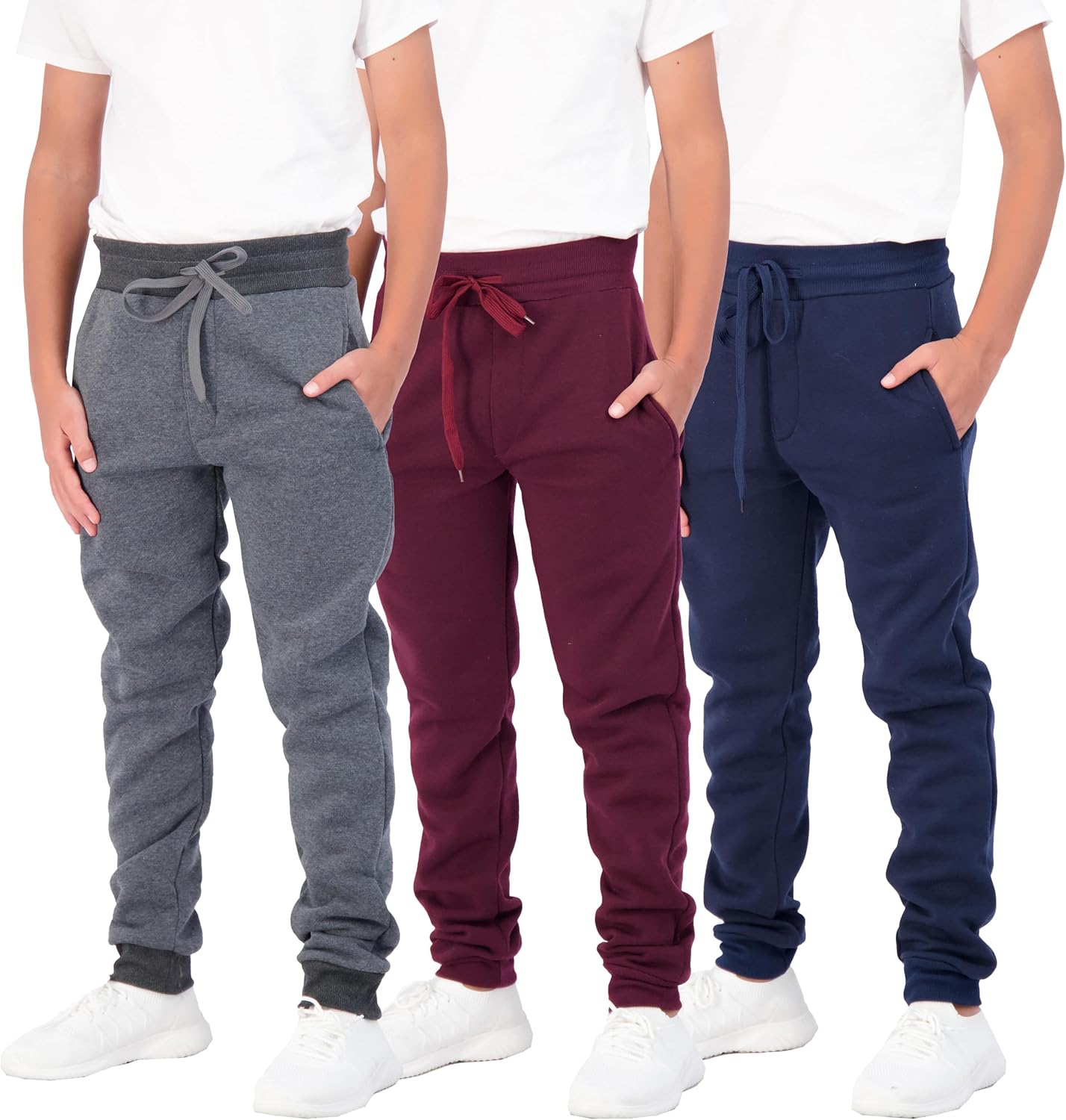 Real Essentials 3 Pack Boys Cotton Fleece Joggers Sweatpants