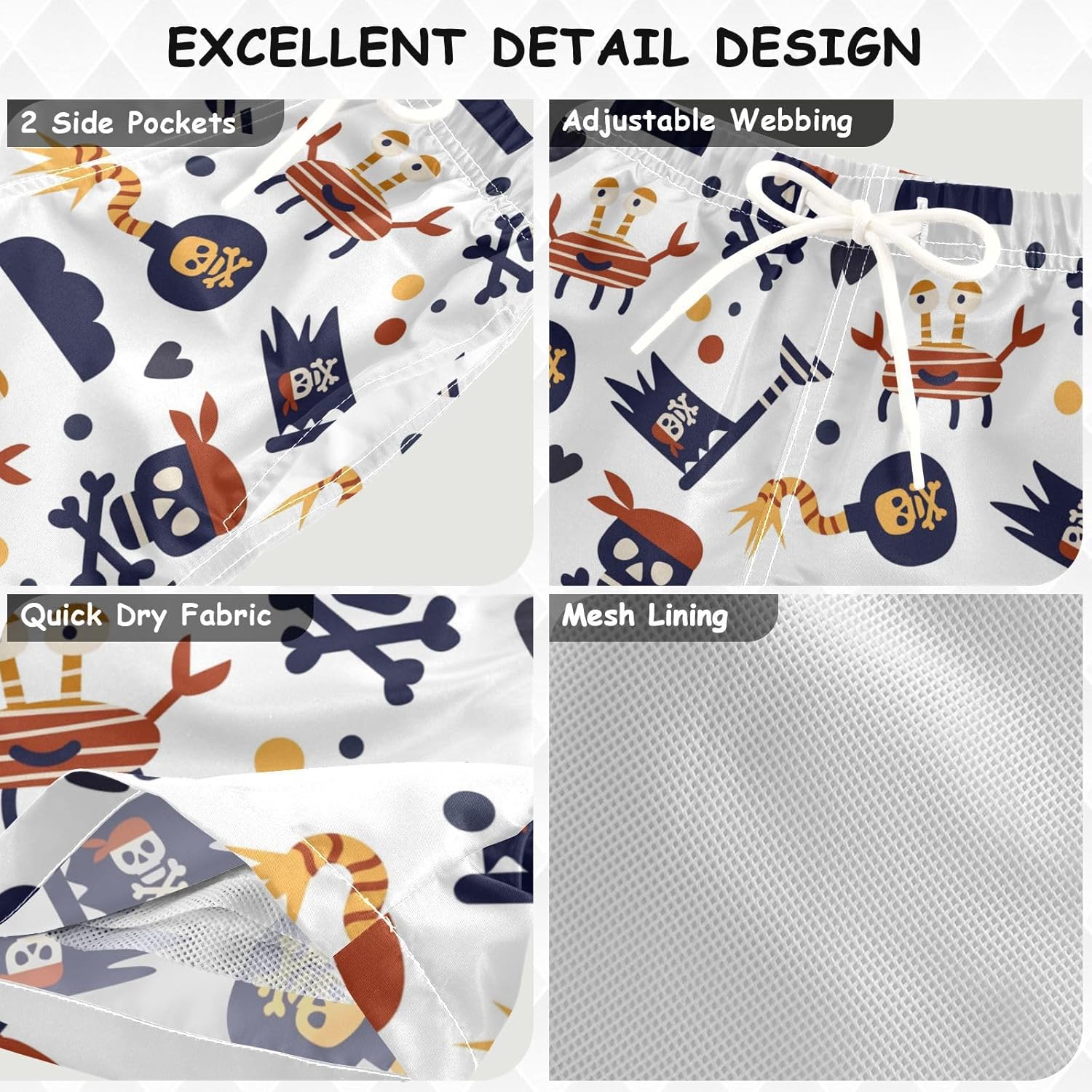 visesunny Summer Boys Beach Shorts with Pirate Crab Skull Flag Patterns