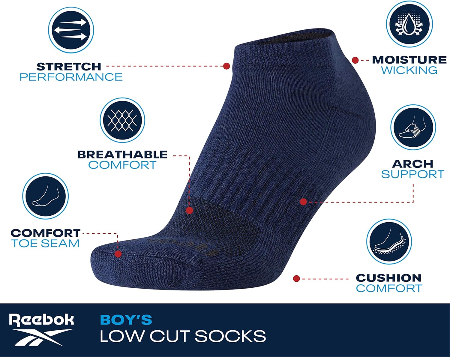Reebok Boys Ankle Socks 6 Pack with Arch Support
