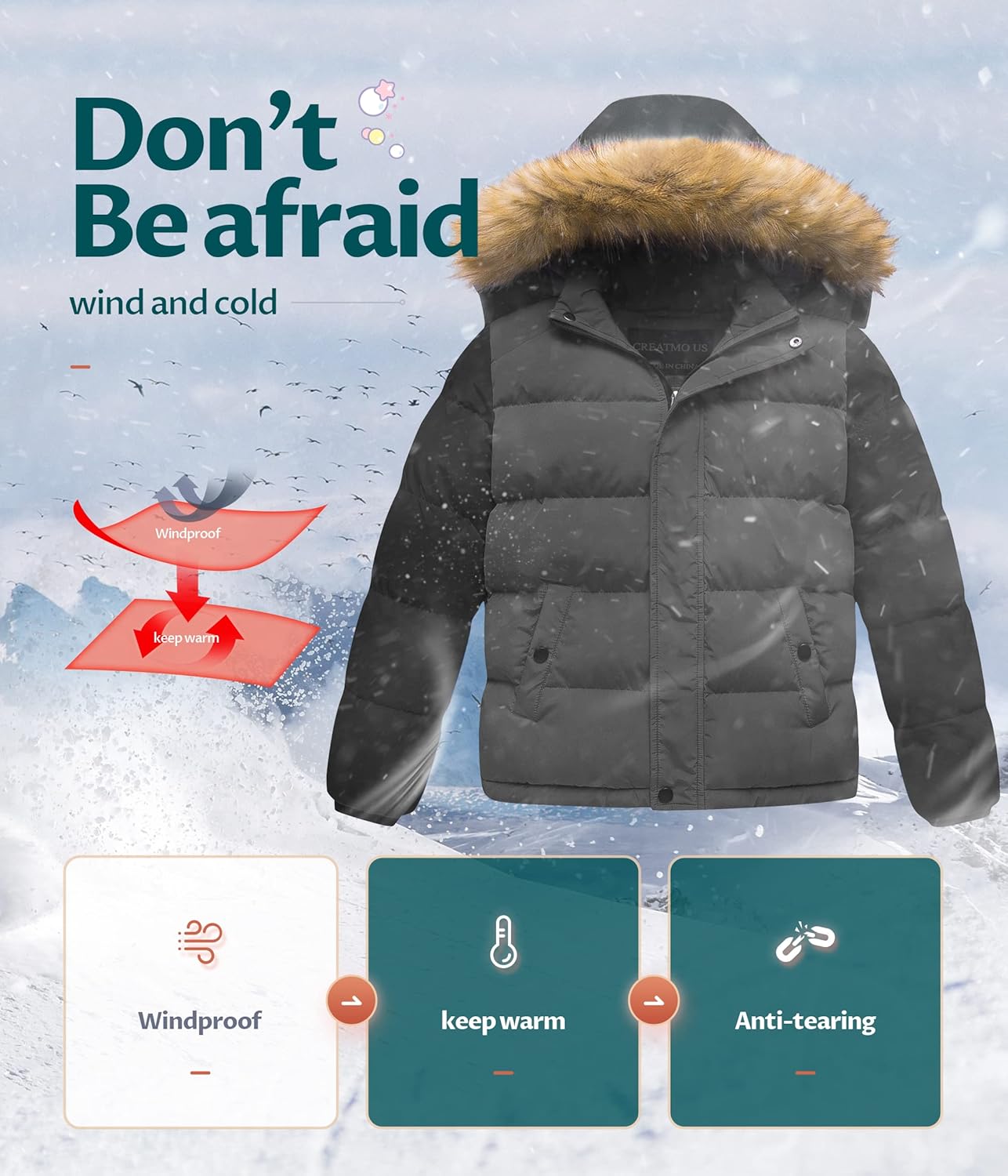 CREATMO US Boys Water Resistant Winter Coats Windbreaker Ski Jacket