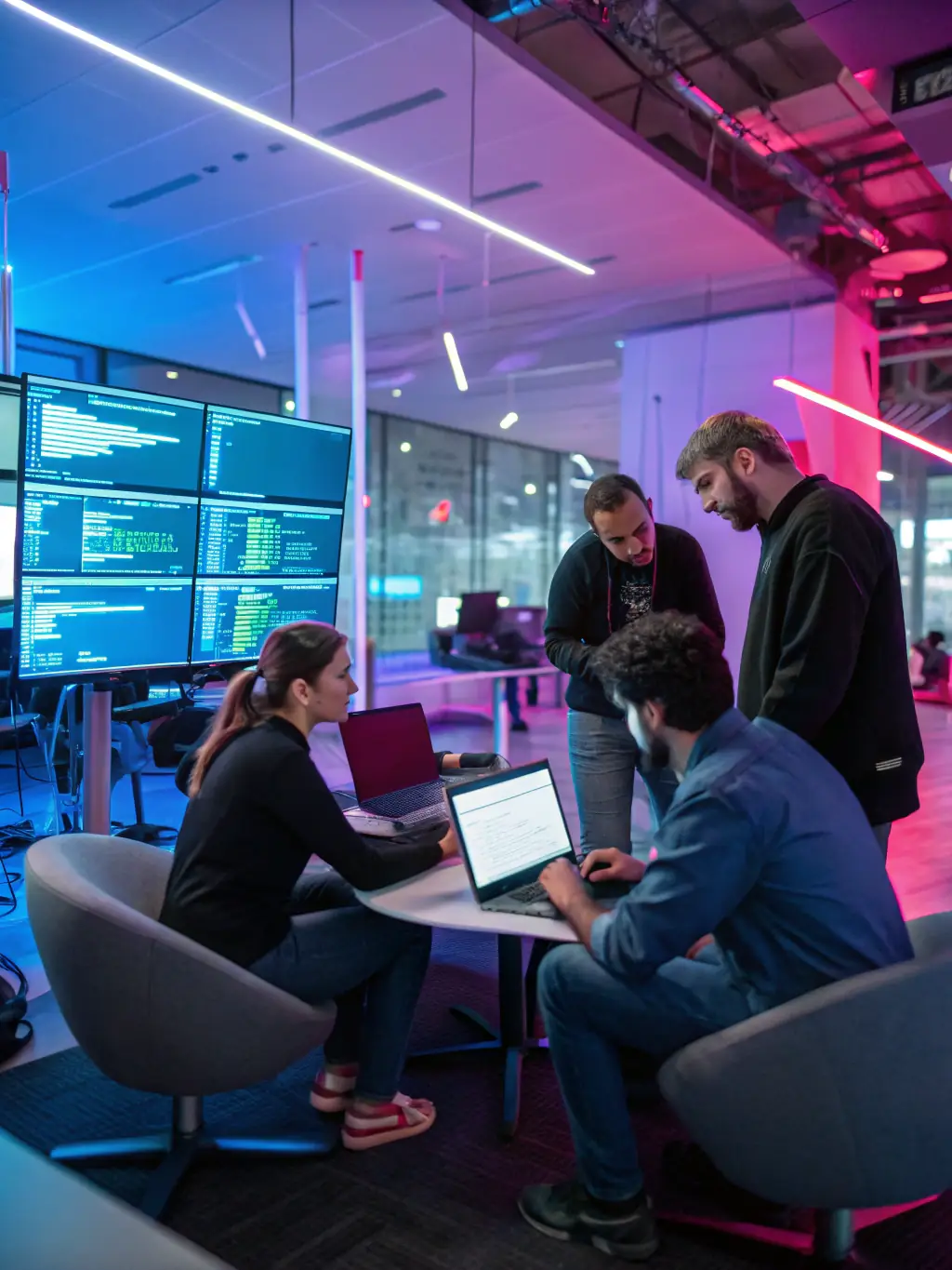 A professional team collaborating on a digital transformation strategy in a modern office setting, emphasizing innovation and teamwork.