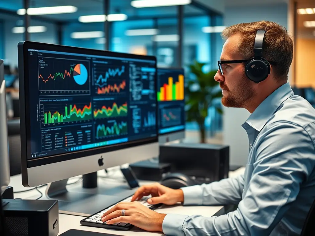 A professional consultant is analyzing complex data on a large monitor, showcasing STRATALUXTECH LTD's expertise in data analytics.