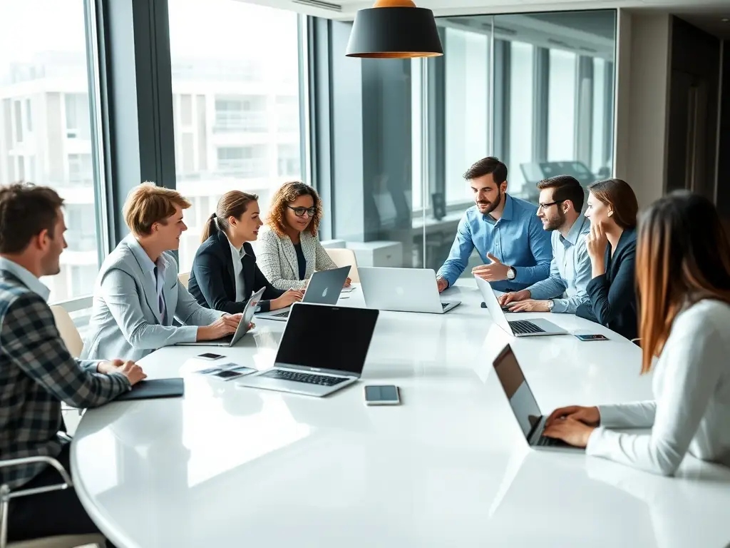 A team of consultants is collaborating on a digital transformation strategy in a modern office setting, highlighting STRATALUXTECH LTD's digital transformation capabilities.