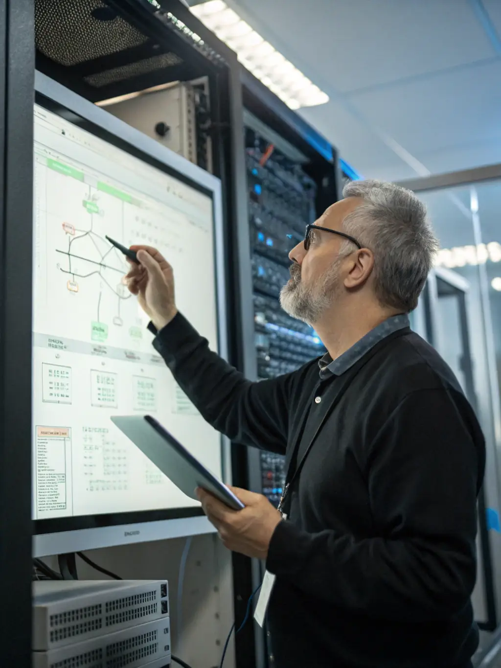 A cybersecurity expert is conducting a network security audit, identifying vulnerabilities and implementing protective measures.