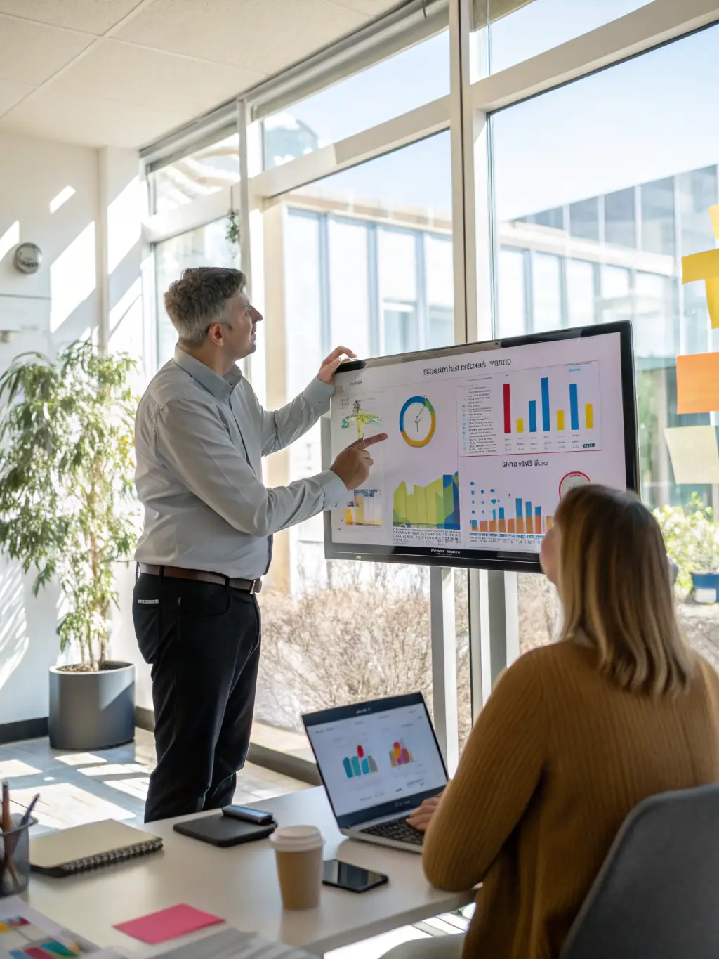 A professional consultant is advising a client in a modern office setting, discussing technology solutions with charts and graphs displayed on a large screen.