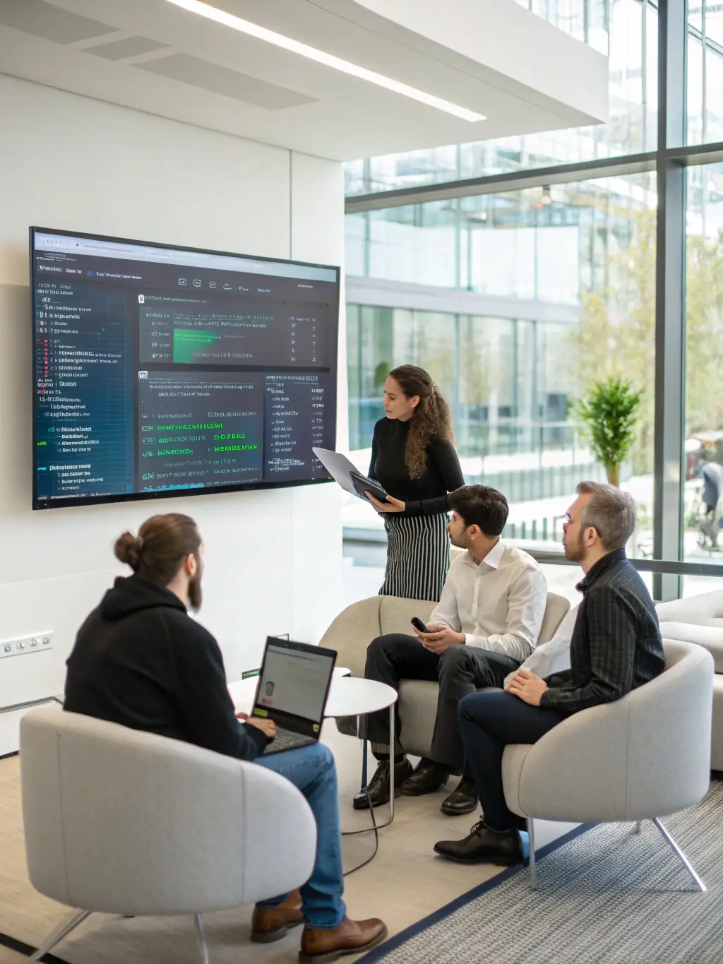 A team of data scientists analyzing complex datasets on multiple monitors, with visualizations highlighting key trends and insights.
